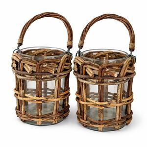 Pair Wicker Hurricane Candle Holders Glass Lanterns Rustic Farmhouse New